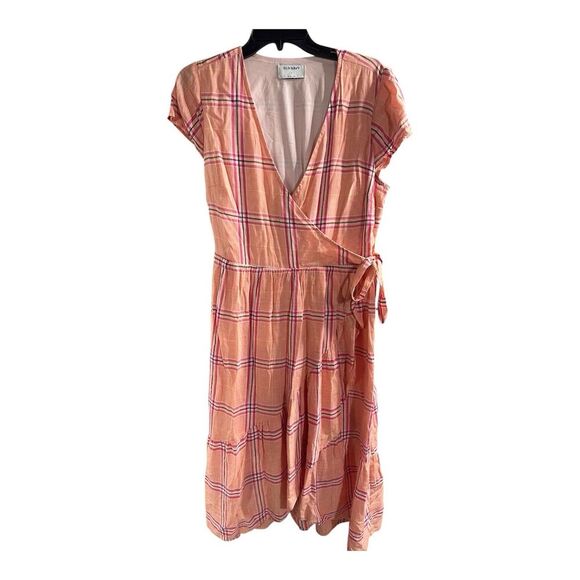 Old Navy Faux Wrap Dress Orange Pink Plaid Short Sleeve V-Neck Ruffle Womens M - Picture 1 of 7